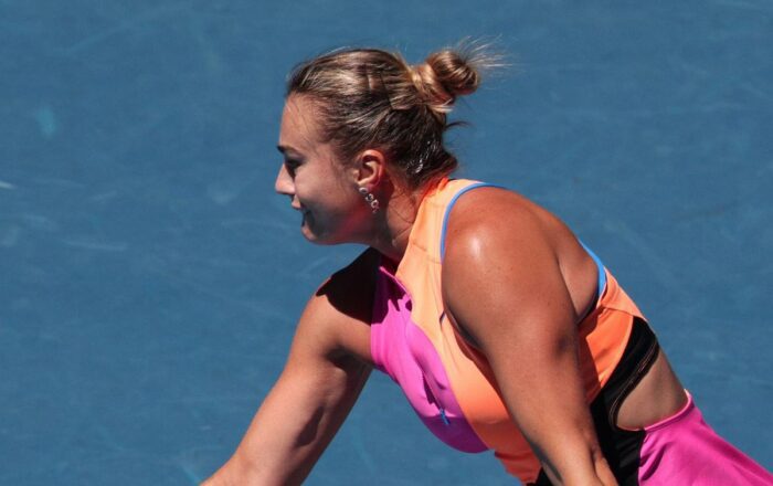 Aryna Sabalenka during a match on a hard court