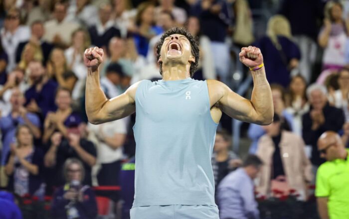 Ben Shelton celebrates after beating Brandon Nakashima in the 2026 National Bank Open final in Montreal